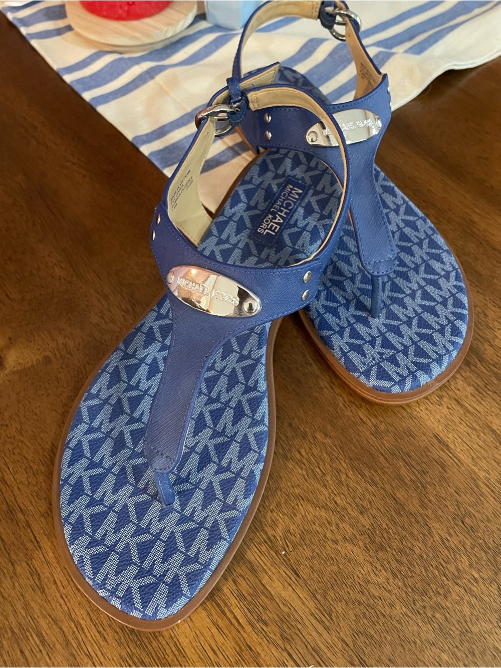 Michael Kors Blue Logo Pattern T-Strap Sandals with Silver Hardware